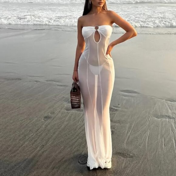 Mermaid Tales White Mesh O Ring Bandeau Strapless Sheer Cover Up Maxi Dress - Picture 2 of 4